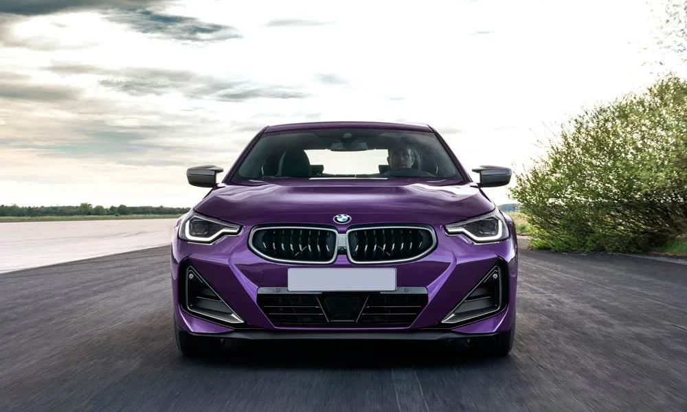 Фото BMW 2 серии — вид спереди, фото 9. Фиолетовый кузов, строгая симметрия оптики — базовый ракурс знакомства с дизайном BMW 2 серии — вид спереди, фото 9