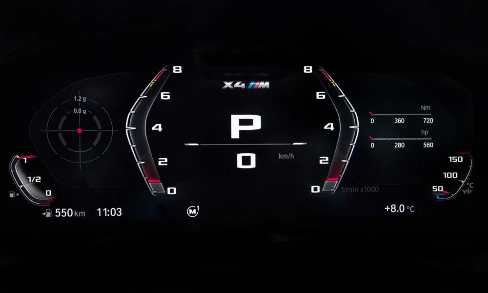 Фото BMW X4 M (2024) — приборная панель. Скорость, запас хода и подсказки ассистентов перед глазами BMW X4 M (2024) — приборная панель