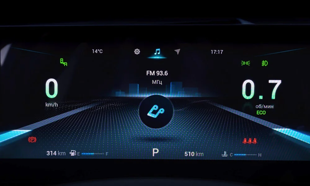 Фото Chery Tiggo 8 Pro Max (2022) — приборная панель. Экран приборов за рулём — вся ходовая информация перед глазами. Запас хода и расход выводятся крупно — главные цифры ежедневных поездок Chery Tiggo 8 Pro Max (2022) — приборная панель