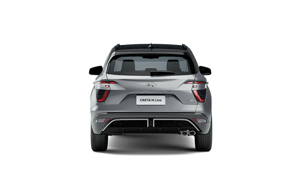 Фото Hyundai Creta N Line (2024) — вид сзади, фото 2. Линия крыши, стойки и задняя дверь в сером исполнении. Светодиодная полоса или раздельные секции — задняя оптика стала главным украшением кормы Hyundai Creta N Line (2024) — вид сзади, фото 2