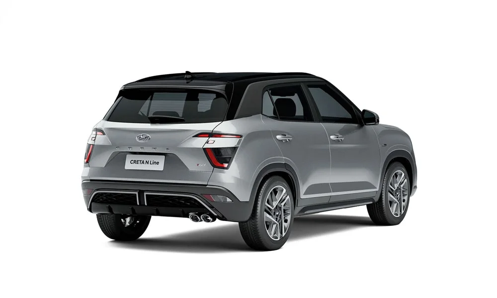 Фото Hyundai Creta N Line (2024) — вид сзади, фото 3. Графика фонарей, бампер и оформление пятой двери. Насадки выхлопа или их имитация внизу бампера различают версии Hyundai Creta N Line (2024) — вид сзади, фото 3