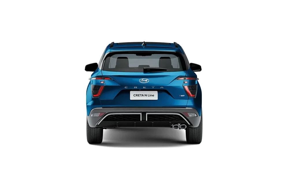 Фото Hyundai Creta N Line (2024) — вид сзади, фото 4. Линия крыши, стойки и задняя дверь в синем исполнении Hyundai Creta N Line (2024) — вид сзади, фото 4