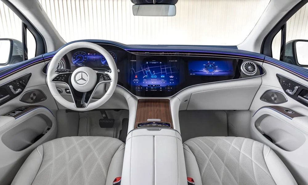 Фото Mercedes-Benz EQS SUV (2024) — передняя панель, фото 3. Компоновка экранов, дефлекторов и консоли Mercedes-Benz EQS SUV (2024) — передняя панель, фото 3