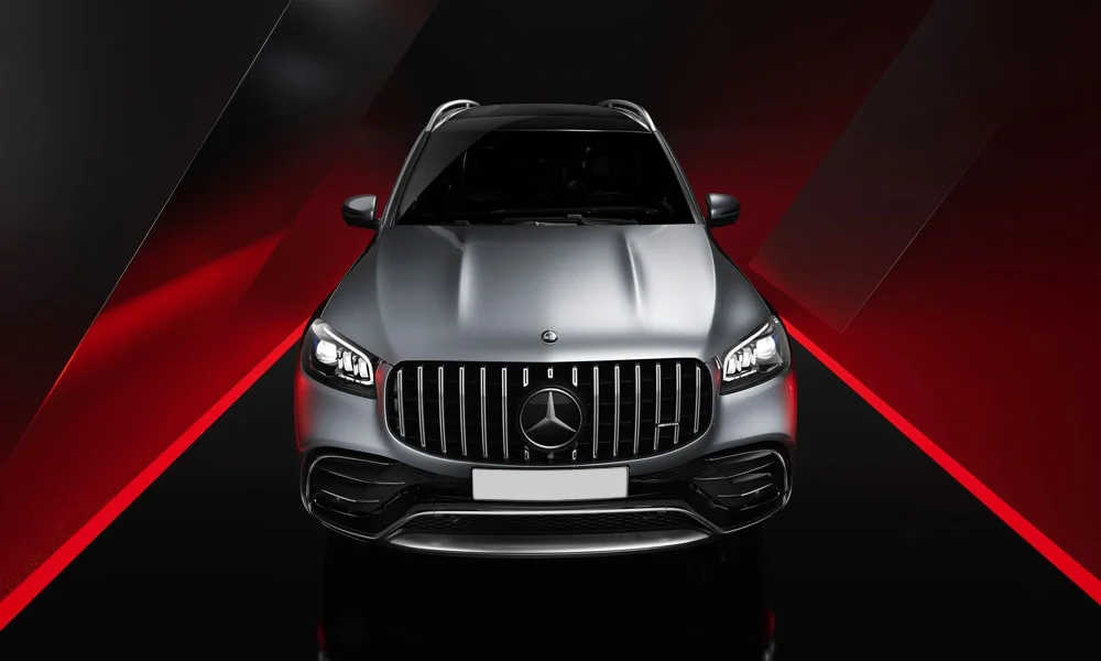 Фото Mercedes-Benz GLS (2024) — вид спереди, фото 7. Анфас: пропорции капота, посадка кузова и графика ходовых огней. Рисунок ходовых огней — подпись модели, по нему её узнают в потоке Mercedes-Benz GLS (2024) — вид спереди, фото 7